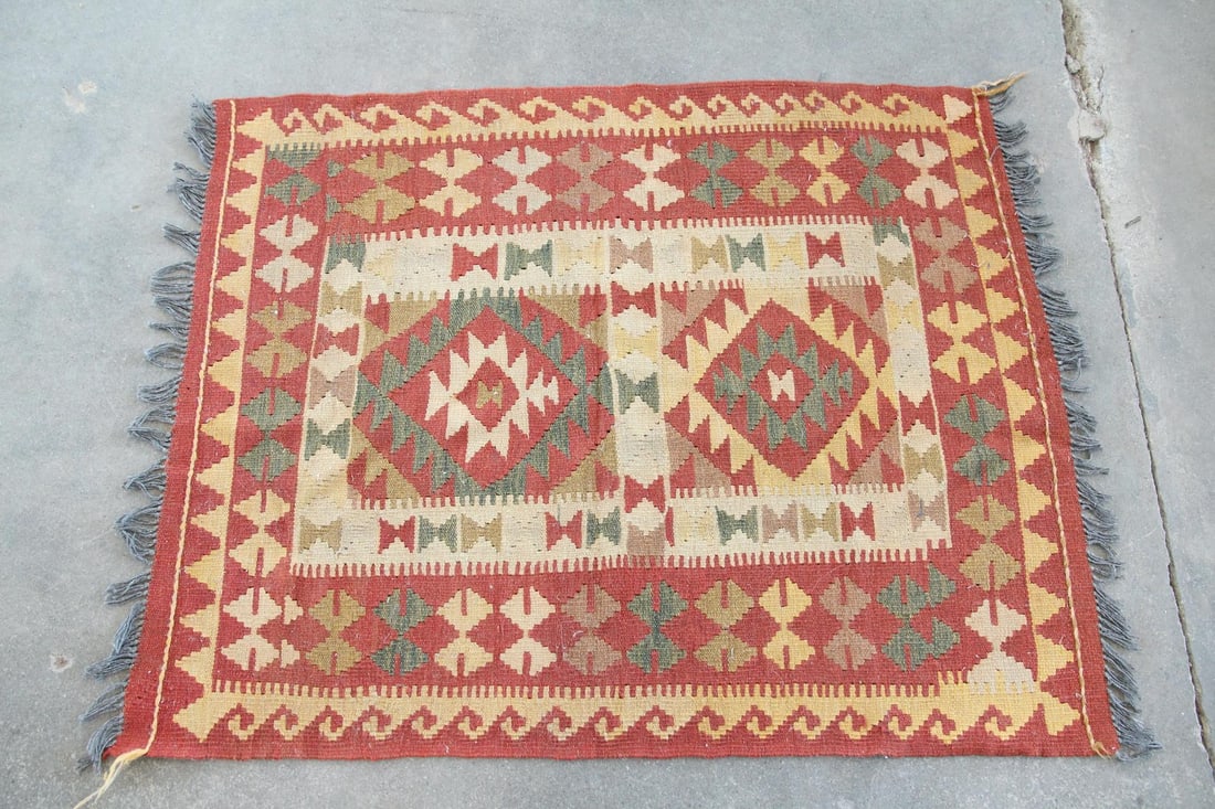 Geometric Dhurrie Kilim Wool Rug, Red & Mustard (1 of 7)