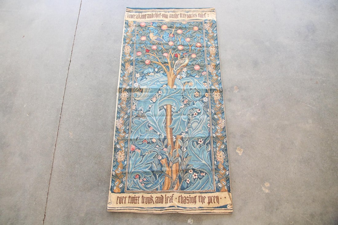 Goblys France Jacquard Tapestry by William Morris, Woodpecker & Tree: Goblys France Jacquard Wall Hanging, Woodpecker & Tree. A jacquard-woven tapestry featuring a tree of life with woodpecker & botanical motifs. Originally designed by William Morris. Labeled Goblys,