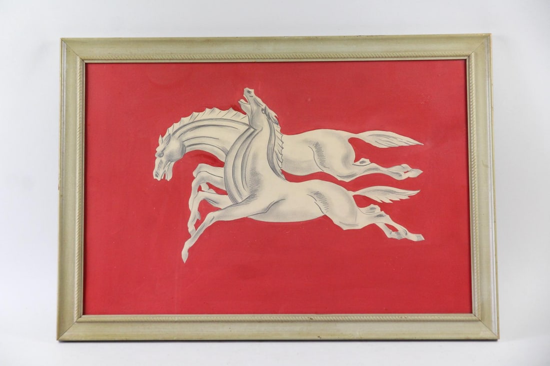 Galloping Horses Drawing with Red Background: Galloping Horses Drawing with Red Background. Graphite drawing of 2 galloping white horses, with a monotone vibrant red painted background. In a wooden frame. Dimensions are 23 in h x 33 in w x 1 in