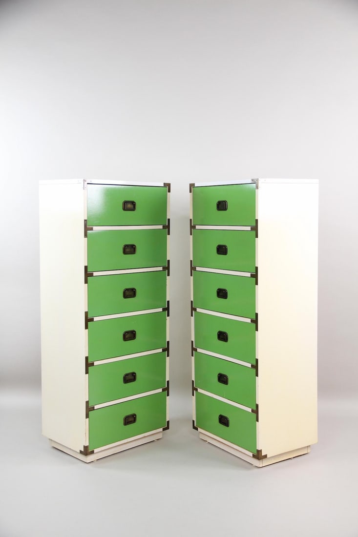 Pair of Tall Green Campaign Lingerie Chests (1 of 8)