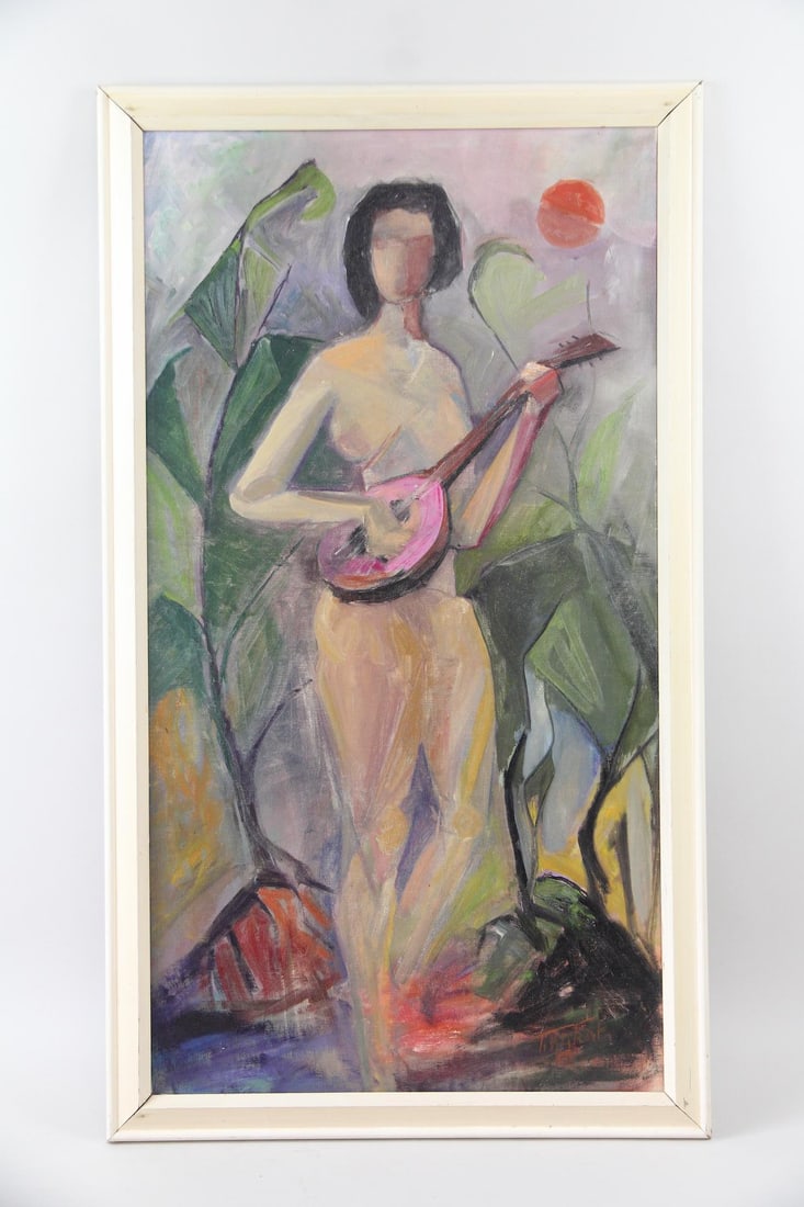 Modernist Painting of a Nude Woman Playing a Mandolin, Signed: Modernist Cubist Figural Painting of a Nude Woman Playing a Mandolin. Beautiful and colorful painting in a cubist style on canvas of a nude woman playing a stringed instrument, with a backdrop of trop