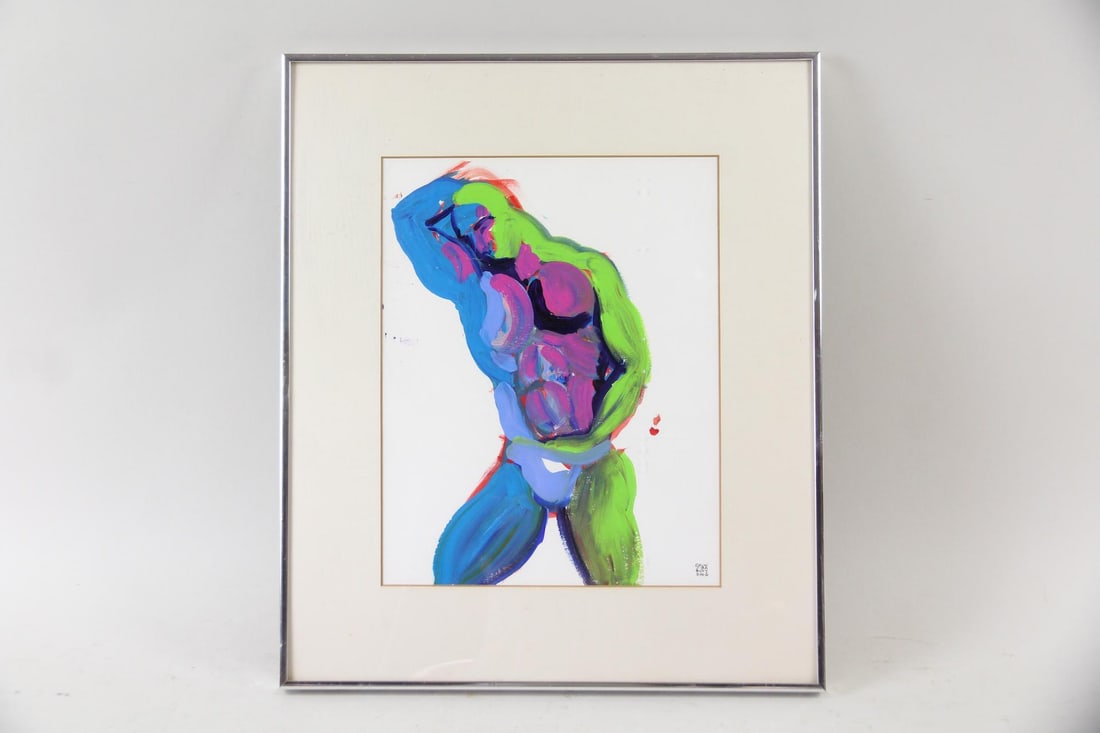 Shungaboy Expressionist Painting of a Male Nude: Shungaboy Expressionist Painting of a Male Nude. Painting on paper of a male nude in vibrant colors, signed and dated 2006 lower right by the contemporary NYC artist under his pseudonym Shungaboy. Shu