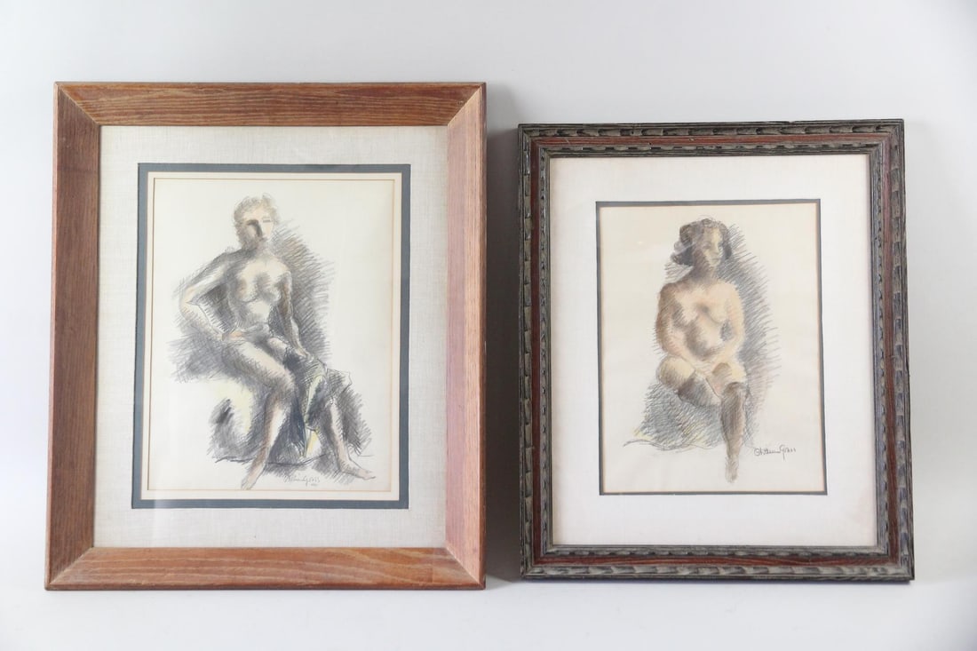Pair of Chaim Gross Drawings of Nude Women: Pair of Chaim Gross Expressionist Drawings of Nude Women. Two graphite drawings in slightly different sizes, both pencil signed by the artist Chaim Gross (American 1904–1991). In wooden frames. Dime