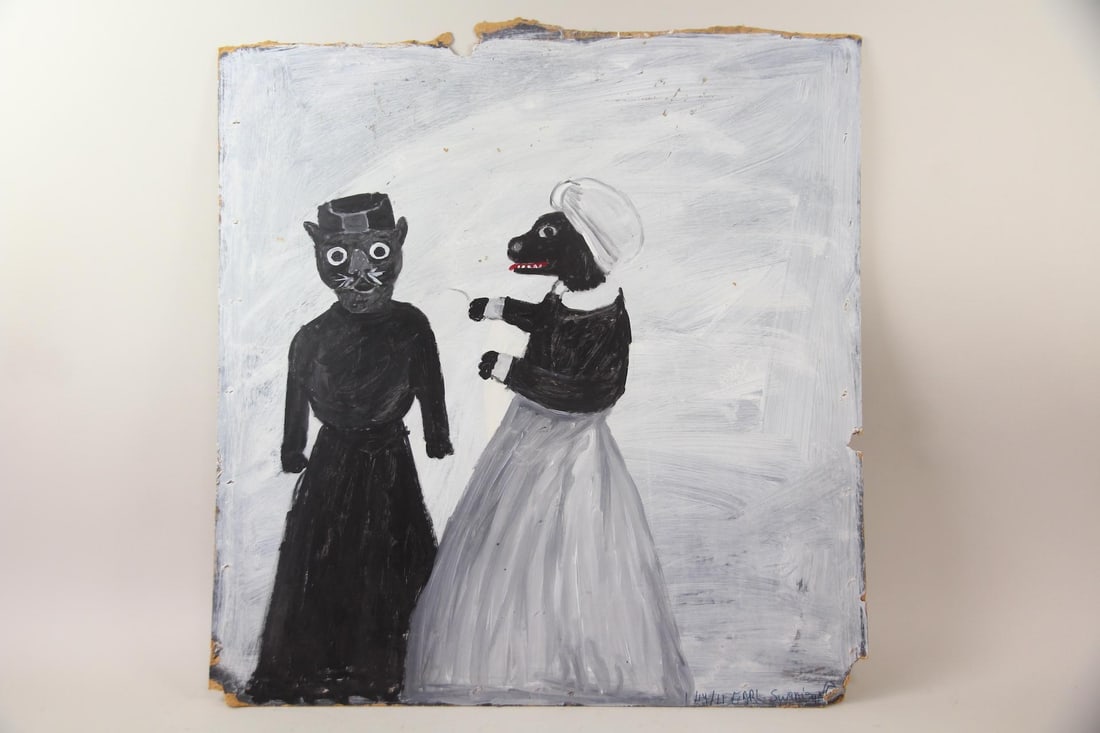 Earl Swanigan Outsider Folk Art Painting, Aunt Jemima Dog & Cat: Earl Swanigan Outsider Folk Art Painting, Aunt Jemima Dog & Cat created by Earl Swanigan (1964-2019), Hudson NY's famous outsider artist. Large painting on board depicts Aunt Jemima (one of Swanigan's
