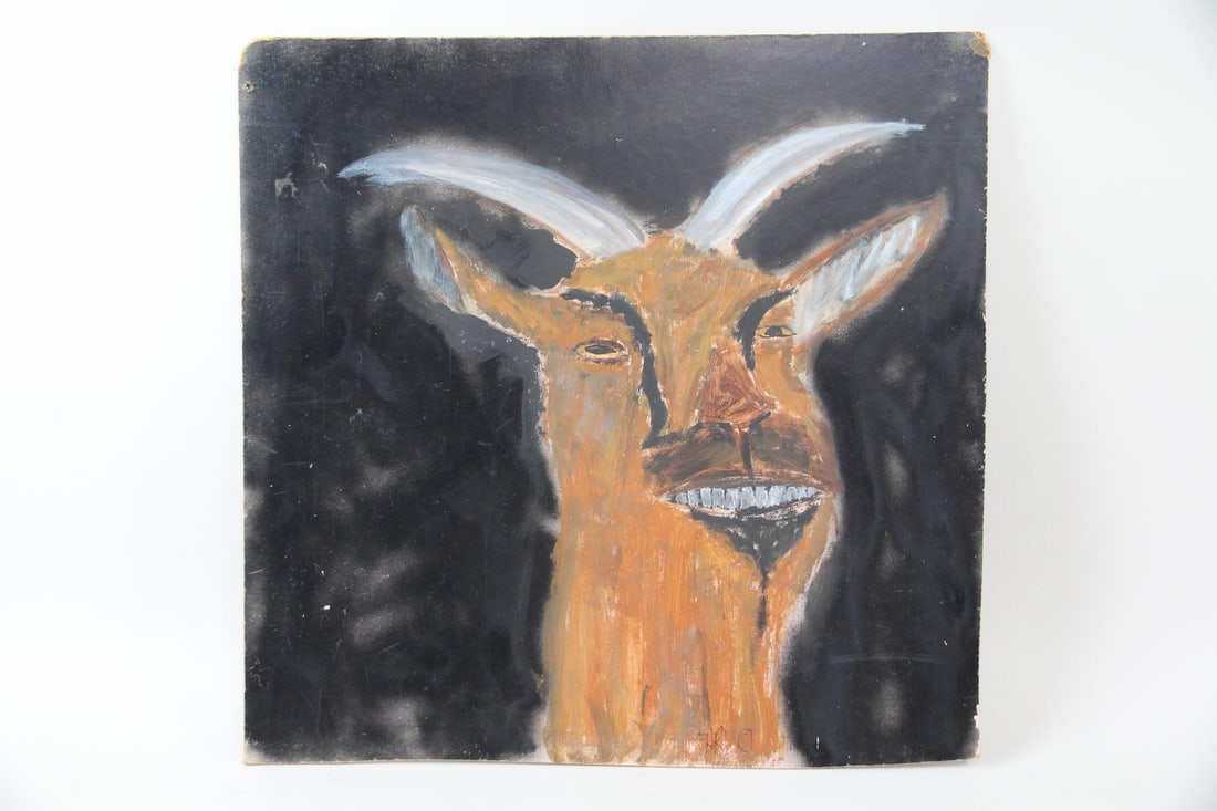 Earl Swanigan Outsider Folk Art Painting, Grinning Goat: Earl Swanigan Outsider Folk Art Painting, Grinning Goat created by Earl Swanigan (1964-2019), Hudson NY's famous outsider artist. Large painting on board depicts the head of a goat on a contrasting bl