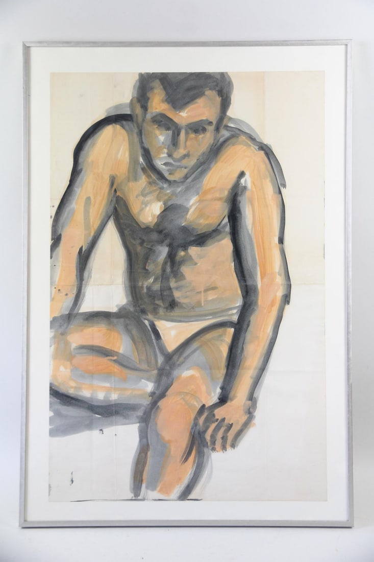 Expressionist Watercolor Painting of a Nude Male: Expressionist Watercolor Figure Painting Portrait of a Nude Male Man. Expressive watercolor painting on paper in black and ochre. In a silver tone metal frame. Dimensions are 38 in h x 26 in w x 1 in 