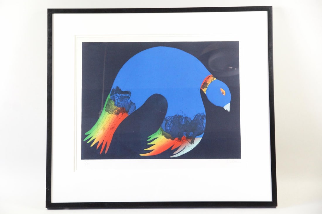 Modernist Print of a Bird in Rainbow Colors, Signed: Modernist Print of a Bird in Rainbow Colors, Signed. Colorful print of a bird with contrasting black background, signed DeLon lower right and numbered 9/30. In a black wooden frame. Dimensions are 30