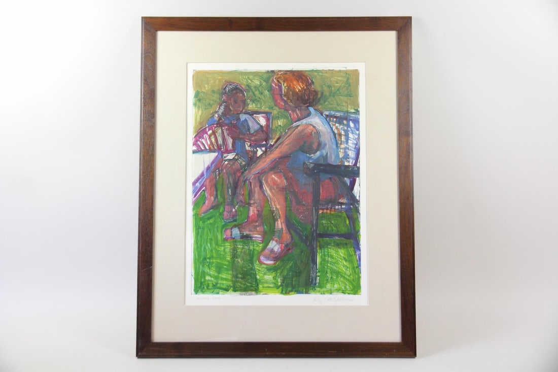 Elizabeth deBethune Expressionist Monoprint: Elizabeth deBethune Expressionist Monoprint. Colorful and vibrant figurative expressionist monotype print of 2 women conversing in the garden. Signed lower right and dated 2006 by the artist Elizabeth