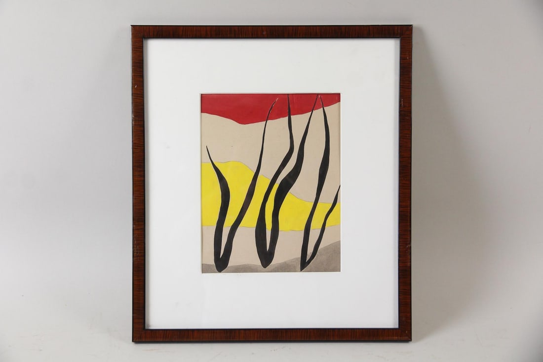 Achi Sullo Abstract Landscape Painting: Achi Sullo Abstract Landscape Painting. Painting on paper in vibrant contrasting black, yellow and red in a simplified composition suggesting grasses. Signed on the back by the artist Achillo "Achi" S