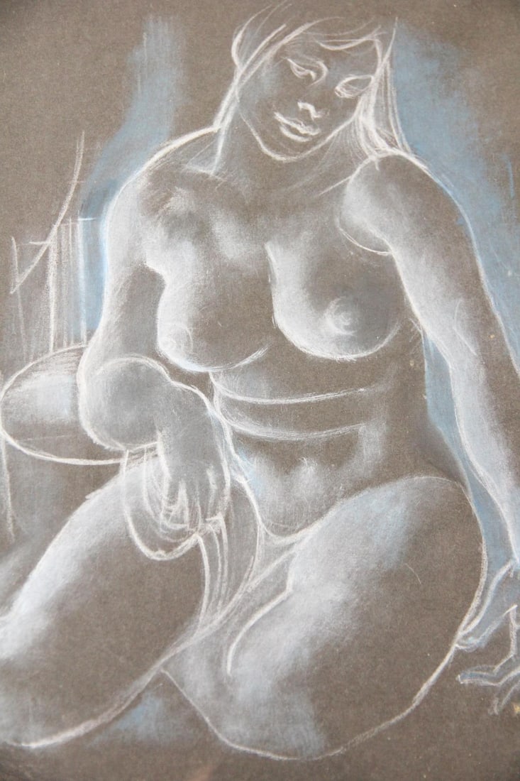 Jozef Czapski Nude Female Figure Drawing: Jozef Czapski Expressionist Nude Female Figure Drawing. Drawing in pastel or chalk on black paper signed by the (likely) artist Jozef Czapski (1896-1993) In a cork frame. Dimensions are 17.5 in h x