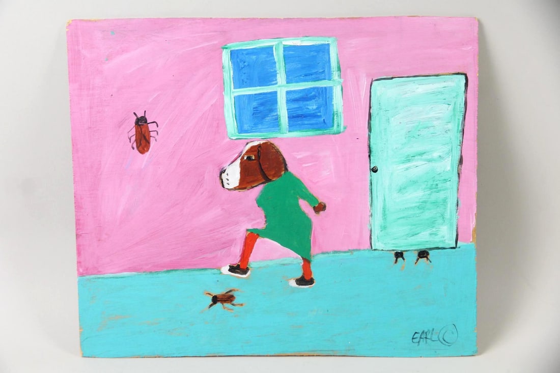 Earl Swanigan Outsider Art Painting, Dog Stomping on Bug: Earl Swanigan Outsider Art Painting, Dog Stomping on Bug. Created by Earl Swanigan (1964-2019), Hudson NY's famous outsider artist. A painting on found board depicting a brown dog using its foot to