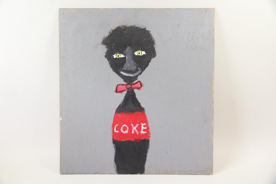 Earl Swanigan Outsider Folk Art Painting, Coke Bottle Man: Earl Swanigan Outsider Folk Art Painting, Coke Bottle Man, created by Earl Swanigan (1964-2019), Hudson NY's famous outsider artist. Painting on found plywood board depicts an anthropomorphic coke