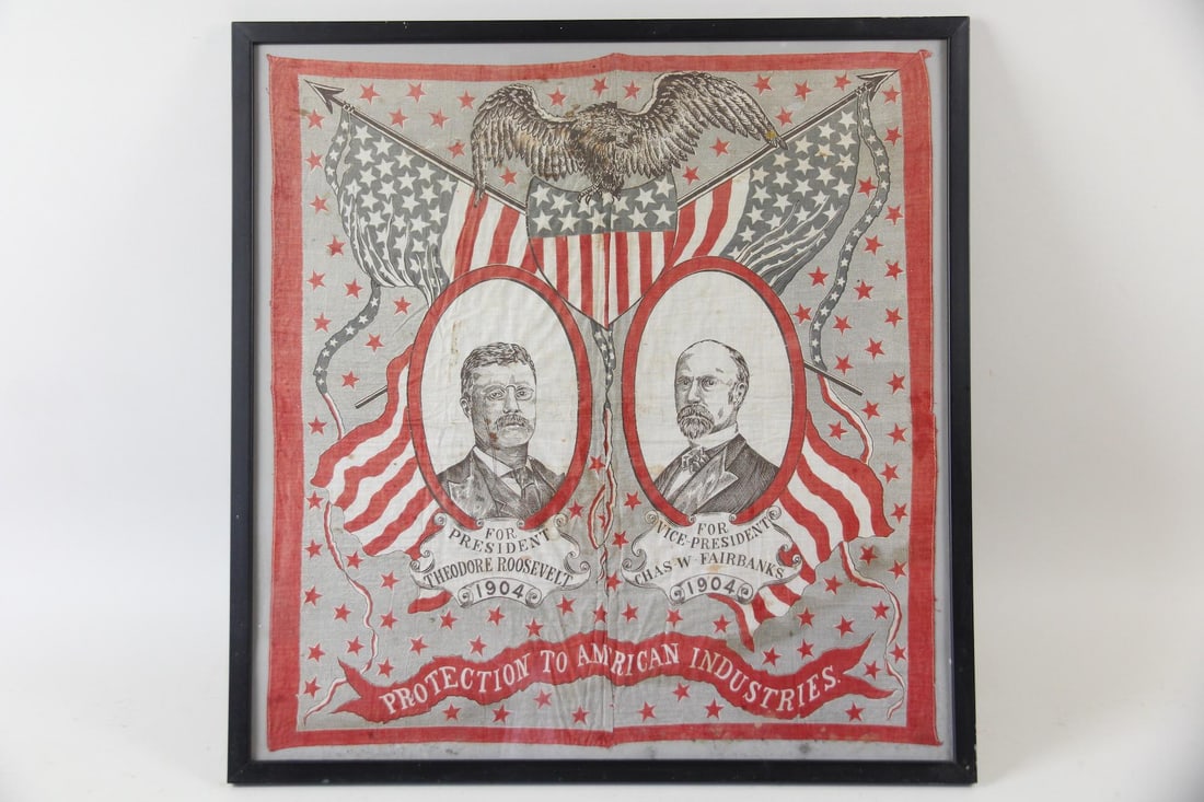 1904 Theodore Roosevelt Campaign Bandana: 1904 Theodore Roosevelt Campaign Bandana. 1904 presidential campaign bandanna featuring portraits of Republican candidate Theodore Roosevelt and vice-presidential running mate Charles W. Fairbanks