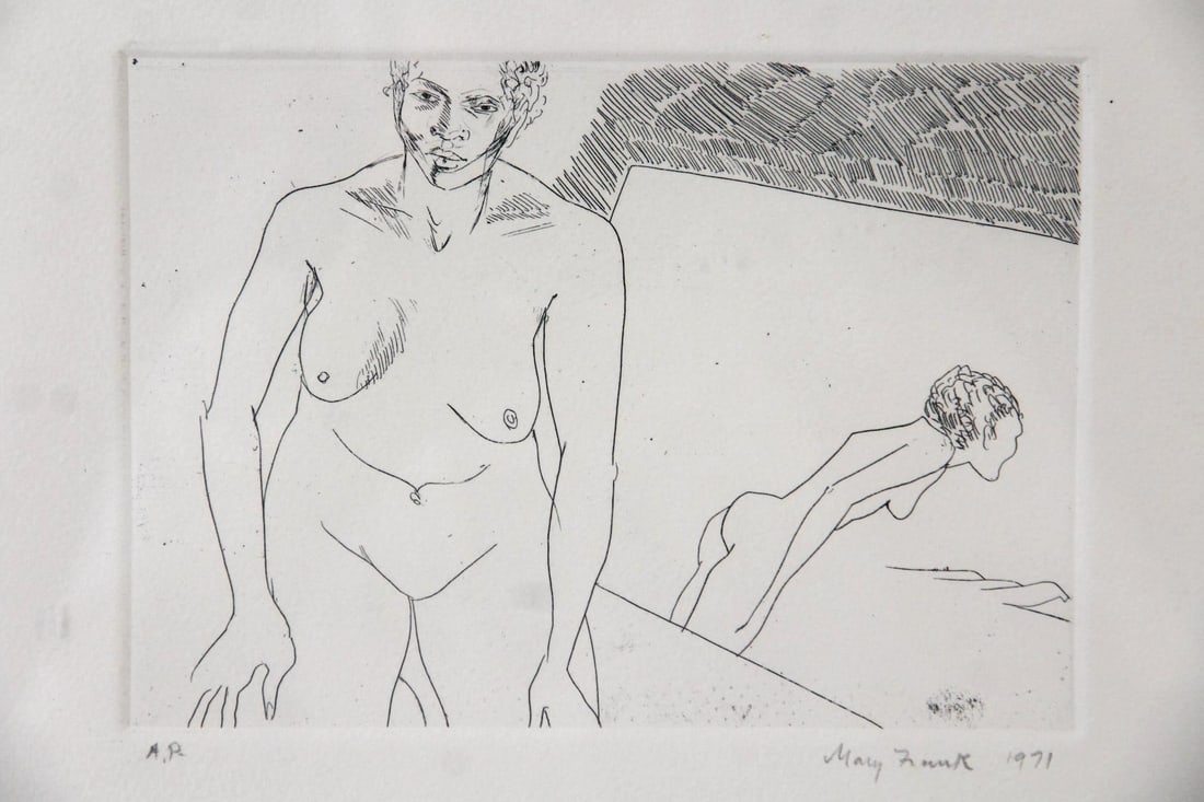 Mary Frank Expressionist Figural Etching, Artist Proof 1971: Mary Frank Expressionist Nude Figural Etching, Artist Proof 1971. Signed lower right by the NY artist Mary Frank (British American born 1933) and in a silver giltwood frame. Dimensions are 13.5 in h