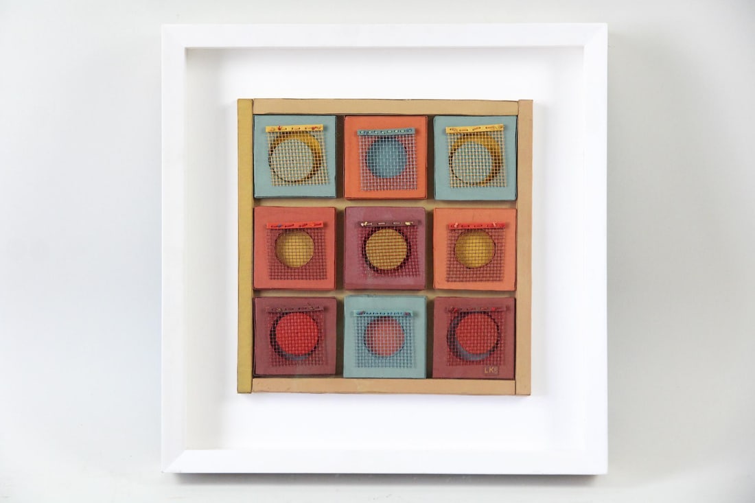 Laurene Krasny Brown Abstract Assemblage "Cagey Box Rental 100": Laurene Krasny Brown Abstract Assemblage "Cagey Box Rental 100". Unusual assemblage using cut paper, gouache, wire mesh, waxed thread and wood, signed lower right and on the back by the artist and