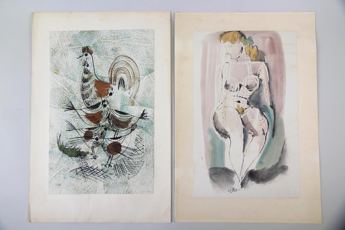 Pair of Mid-Century Modern Lithographs, Nude & Chickens 1952-3: Pair of Mid-Century Modern Lithographs, Nude Woman & Chickens 1952-3. Pair of prints by the same artist on paper, using mid-century modern mid-tones and abstract linework styles. Both signed