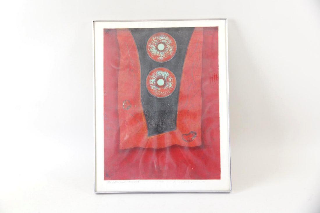 Hiroyuki Tajima Woodblock Print "The Fallen Crest" 1971: Hiroyuki Tajima Woodblock Print "The Fallen Crest" 1971. Red and black abstract print, numbered 9/50 and signed in the lower margin by the artist Hiroyuki Tajima (Japanese 1911-1997.) In a silver