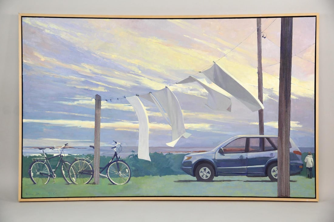 Large Dora Atwater Millikin Oil Painting, Coastal Domestic Scene: Large Contemporary Realist Dora Atwater Millikin Oil Painting. A large oil on canvas entitled "I Go Walking," depicting a clothesline, bicycles, a car, and a figure with a coastal landscape