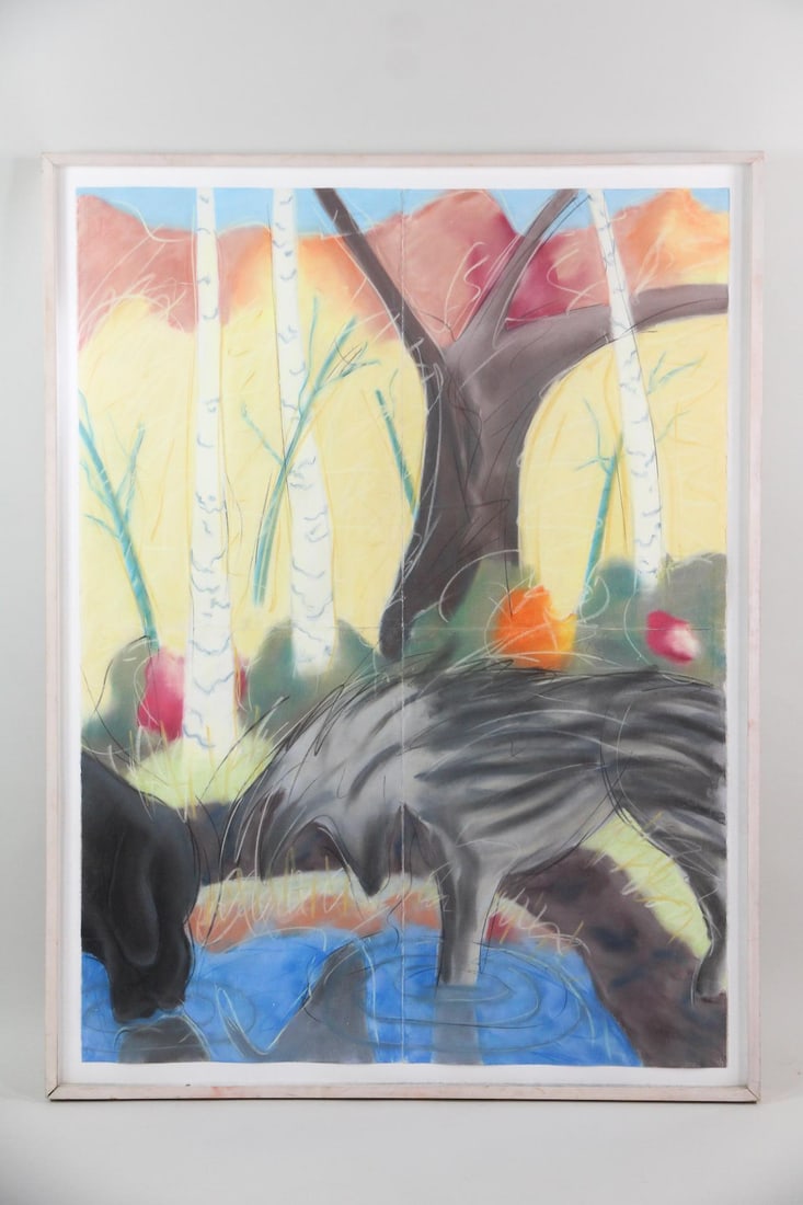 Mark Milloff Large Pastel Dog Painting: Mark Milloff Expressionist Large Pastel Dog Painting. Large pastel of stylized dogs titled "Luther and Dolly Discover Animal Drinking Hole" unsigned, by the artist Mark Milloff (American, born 1953.)
