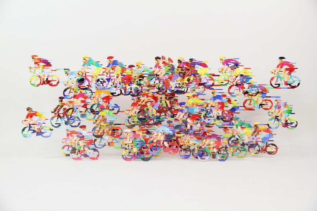 Huge David Gerstein Cut Steel Wall Sculpture, Peloton Cyclists: Huge David Gerstein Cut Metal Wall Sculpture, Peloton Cyclists. A large 3D wall sculpture, hand-painted on laser-cut steel, features multiple layers of cycling figures in bright colors. Signed by the