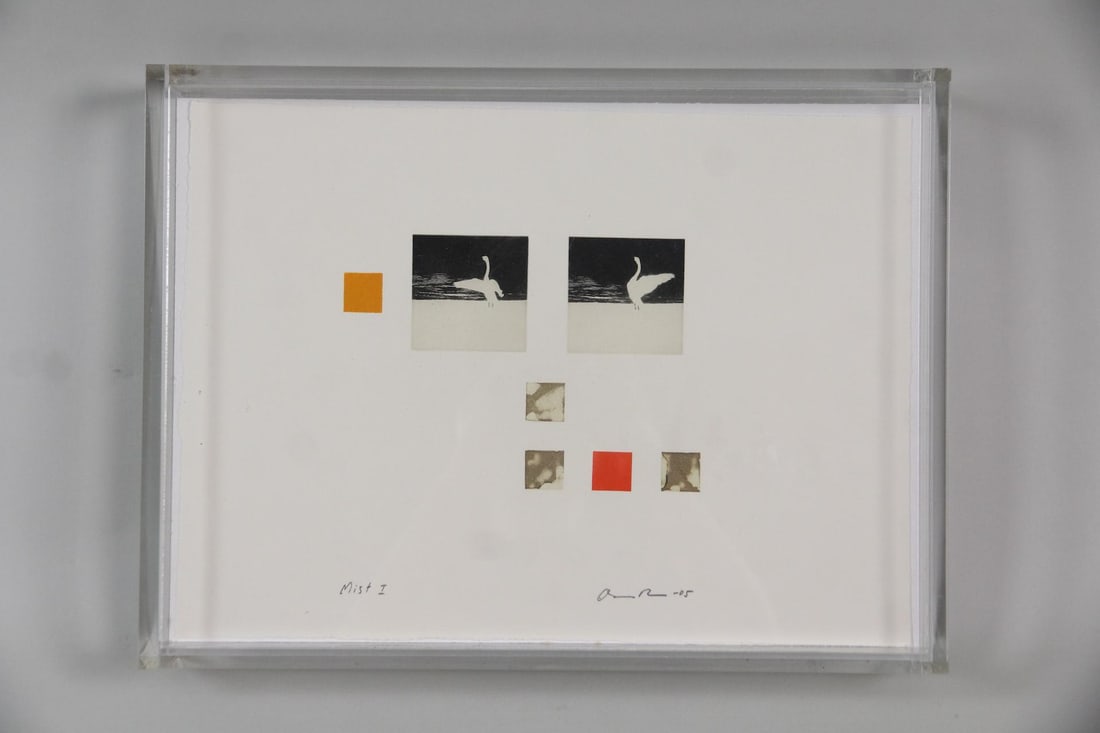 Osmo Rauhala Swan Print "Mist 1": Osmo Rauhala Contemporary Swan Print "Mist 1". A print using minimalist geometric colored squares and images of swans, signed and dated 2005 by the contemporary Finnish artist Osmo Rauhala. In a
