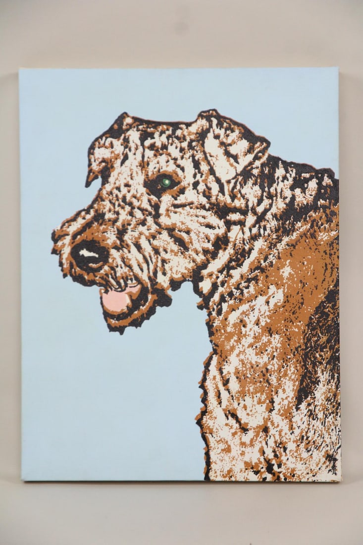 Painting of an Airedale Terrier Named Sam, Signed Graff: Pop Art Painting of an Airedale Terrier Dog, Signed Graff. Painting on canvas depicting a head and shoulders portrait of an Airedale Terrier with a sky blue background. On the back is written "Sam"