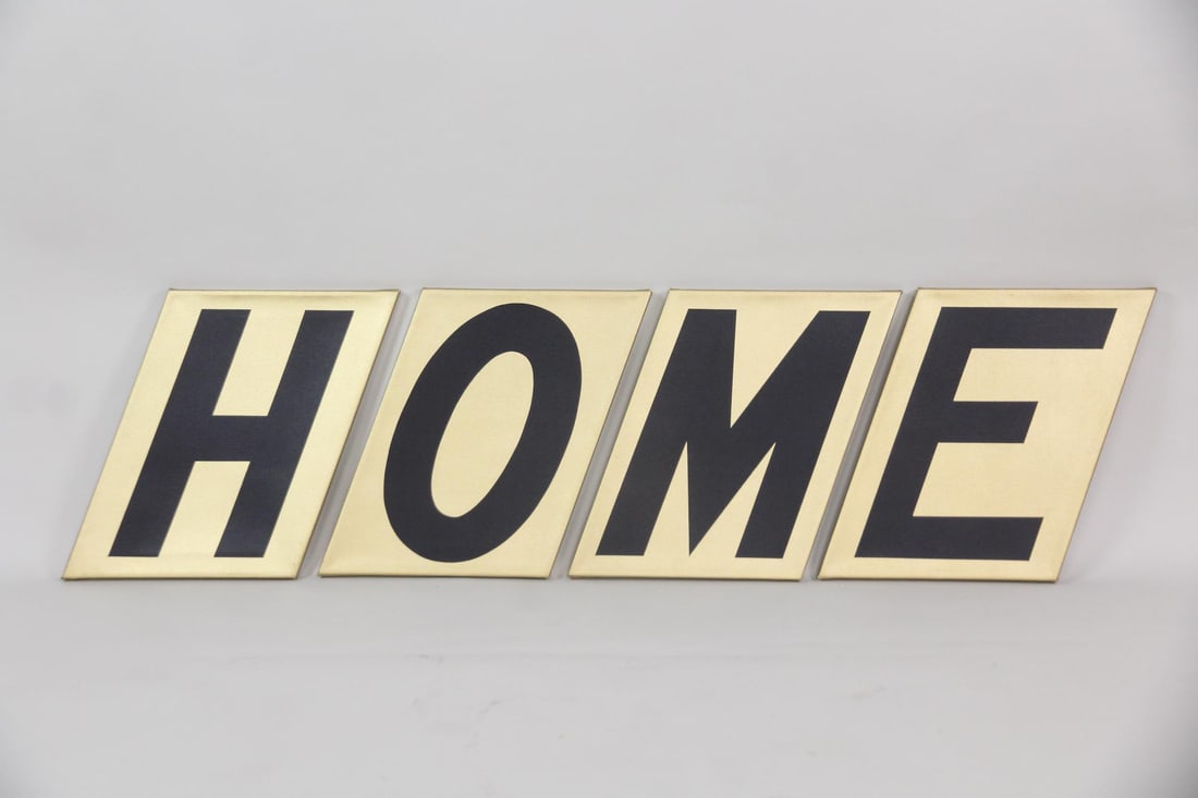 Charles Orr "HOME" Pop Art Painting: Charles Orr "HOME" Pop Art Painting. Four part black and gold painting on parallelogram canvases creating a trompe-l'œil effect that simulates polished brass plaques with bold, black italicized