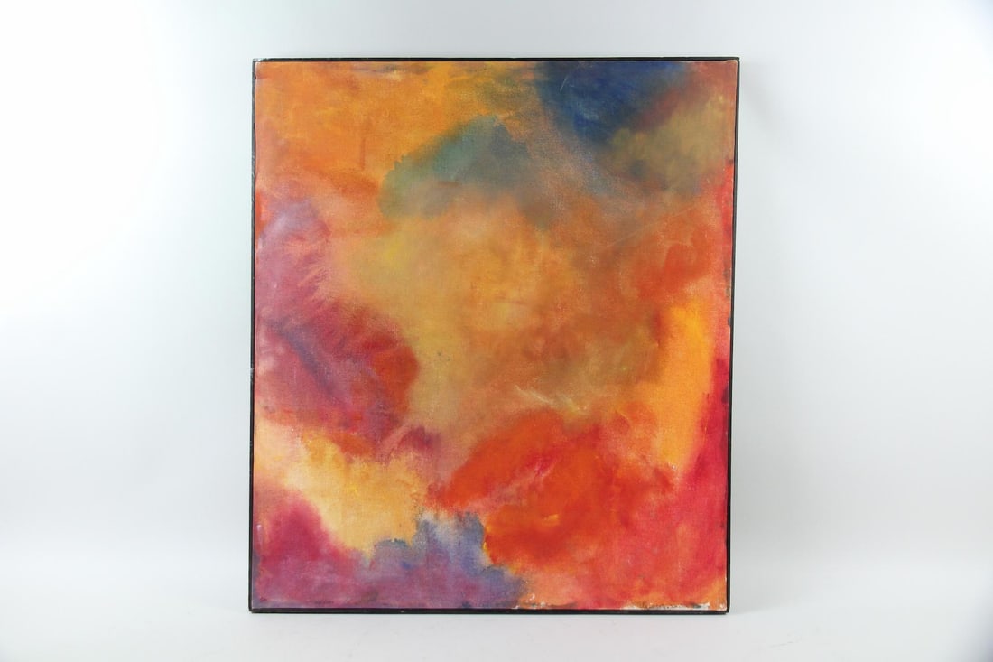 Colorful Abstract Painting, Signed: Colorful Abstract Painting, Signed. A painting on canvas with vibrant washes of reds, yellows, and violets. Artist's signature to the bottom edge, "Stephen Sinclair." In a thin black wood frame.
