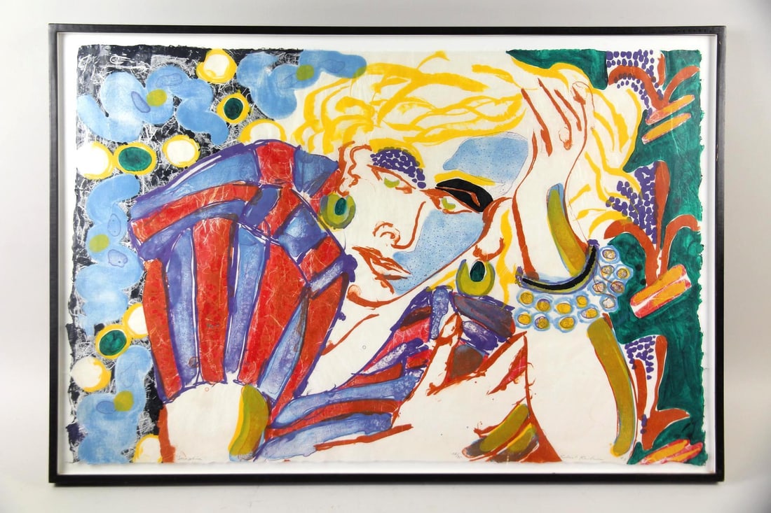 Robert Kushner Lithograph Print, Seraphina, 1983: Robert Kushner Lithograph Print, Seraphina, 1983. A hand-colored lithograph print on paper depicting a stylized blonde woman. Signed in pencil by the artist Robert Kushner (American b. 1949) dated 198