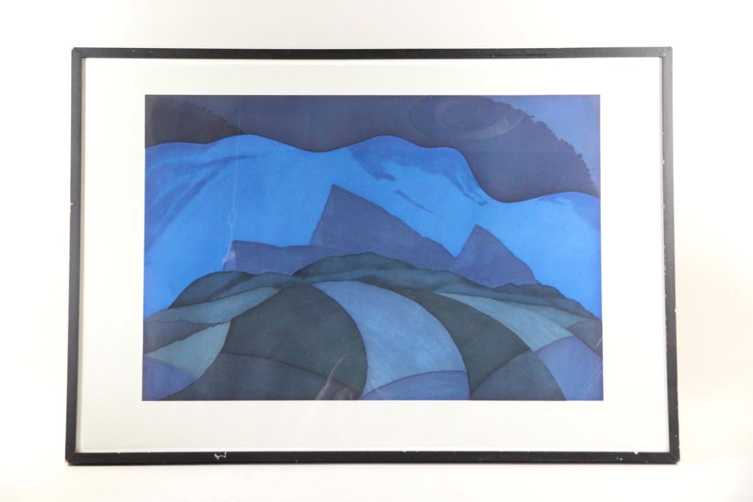 David True Abstract Color Aquatint Etching, 1983: David True Abstract Color Aquatint Etching, 1983. An aquatint on paper featuring organic blue and black forms. Signed in pencil by the artist David True (American, b. 1942) and dated 1983. In a black 