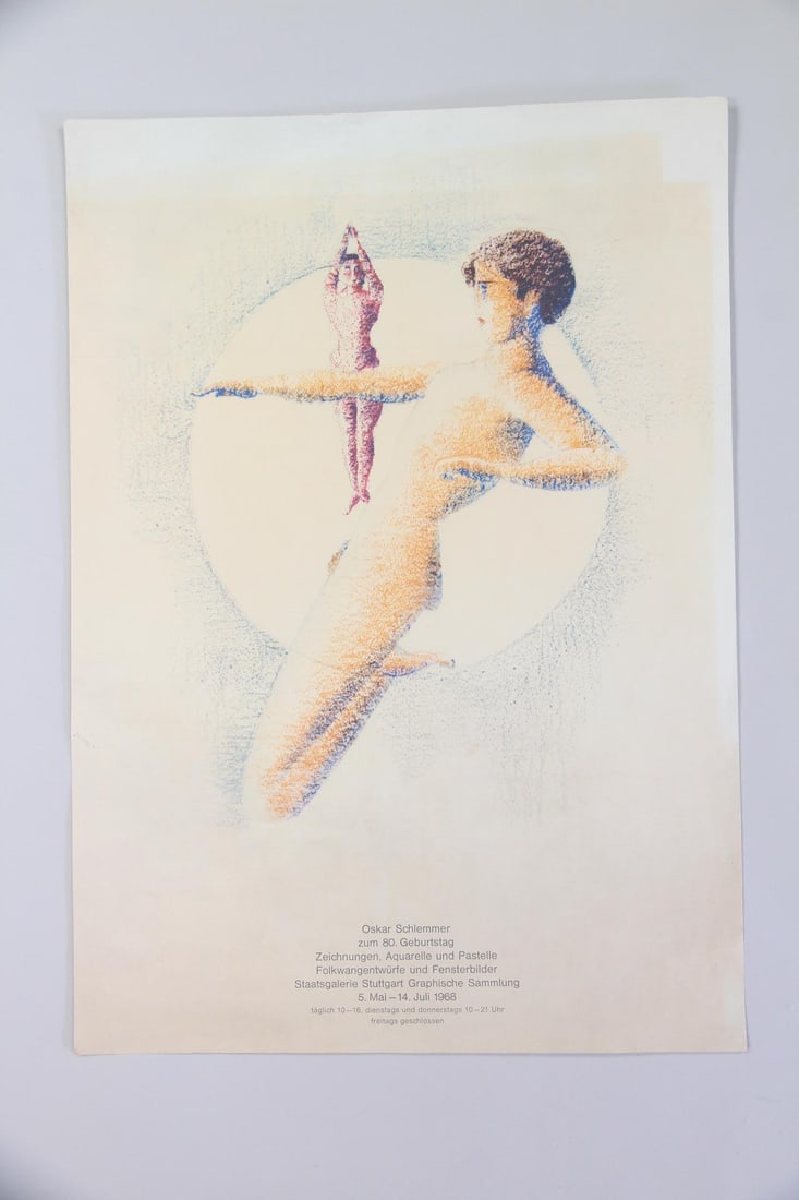 Oskar Schlemmer Exhibition Poster 1968: Oskar Schlemmer Exhibition Poster 1968. Exhibition poster for a retrospective celebrating the 80th birthday of artist Oskar Schlemmer, held at the Staatsgalerie Stuttgart Graphische Sammlung in 1968. 