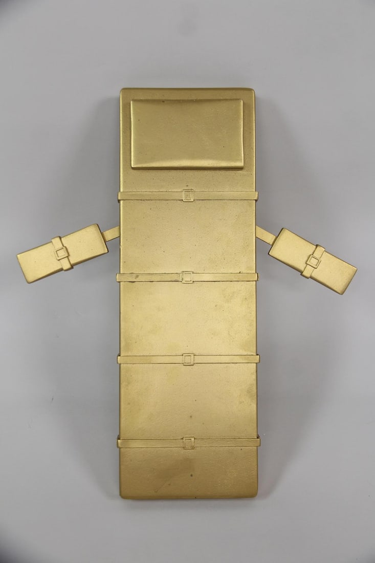 Richard Humann "American Crucifix" Wall Sculpture: Richard Humann Neoconceptual "American Crucifix" Wall Sculpture. Wall sculpture made of basswood and finished in gold paint. Unsigned, by the neoconceptual artist Richard Humann (American, b. 1961). D