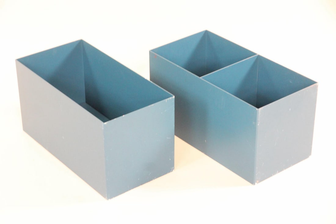 Pair of Minimalist Planters, Blue Steel: Pair of Minimalist Planters, Blue Steel. A pair of simple planters made of blue steel. The interior of one is divided in half. Dimensions are 12.5 in h x 11.75 in w x 23.5 in d. Condition is good