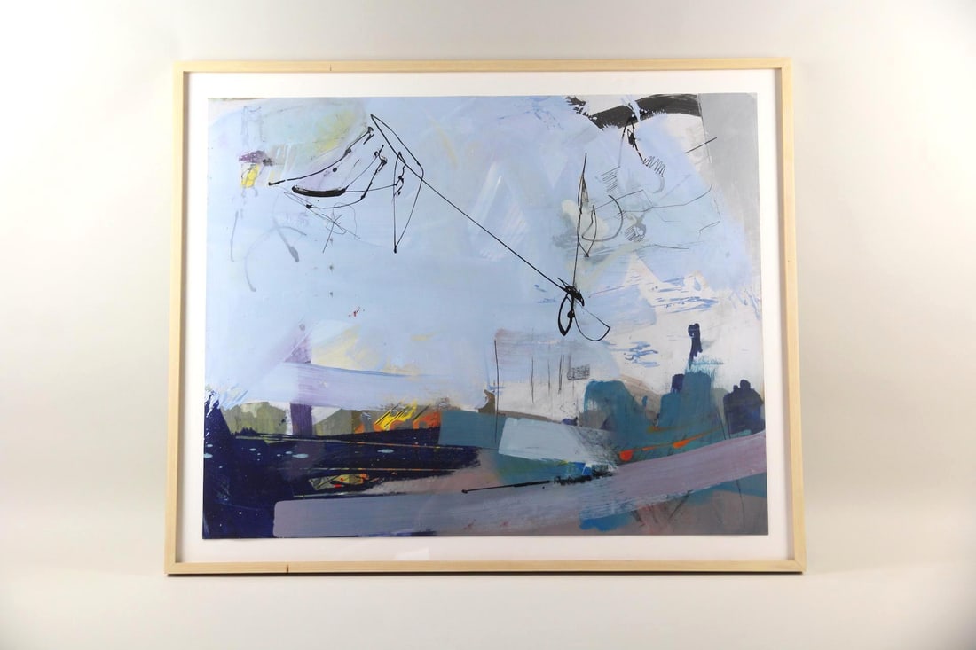 Doug Trump Abstract Mixed Media Painting, "Catch": Doug Trump Abstract Mixed Media, "Catch". A work on paper in oil, ink, and pencil on paper, suggestive of an abstracted landsscape in blue, gray, black, and yellow tones. Signed by the artist Doug Tru