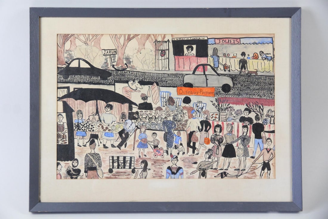 Naive Painting of a French Street Market, Signed Edmonds 1964: Naive Genre Painting of a Mid-Century Modern French Street Market. Fantastic detailed painting capturing a lively, stylized French street market complete with a fish and bird stall (Oiseaux - Poissons