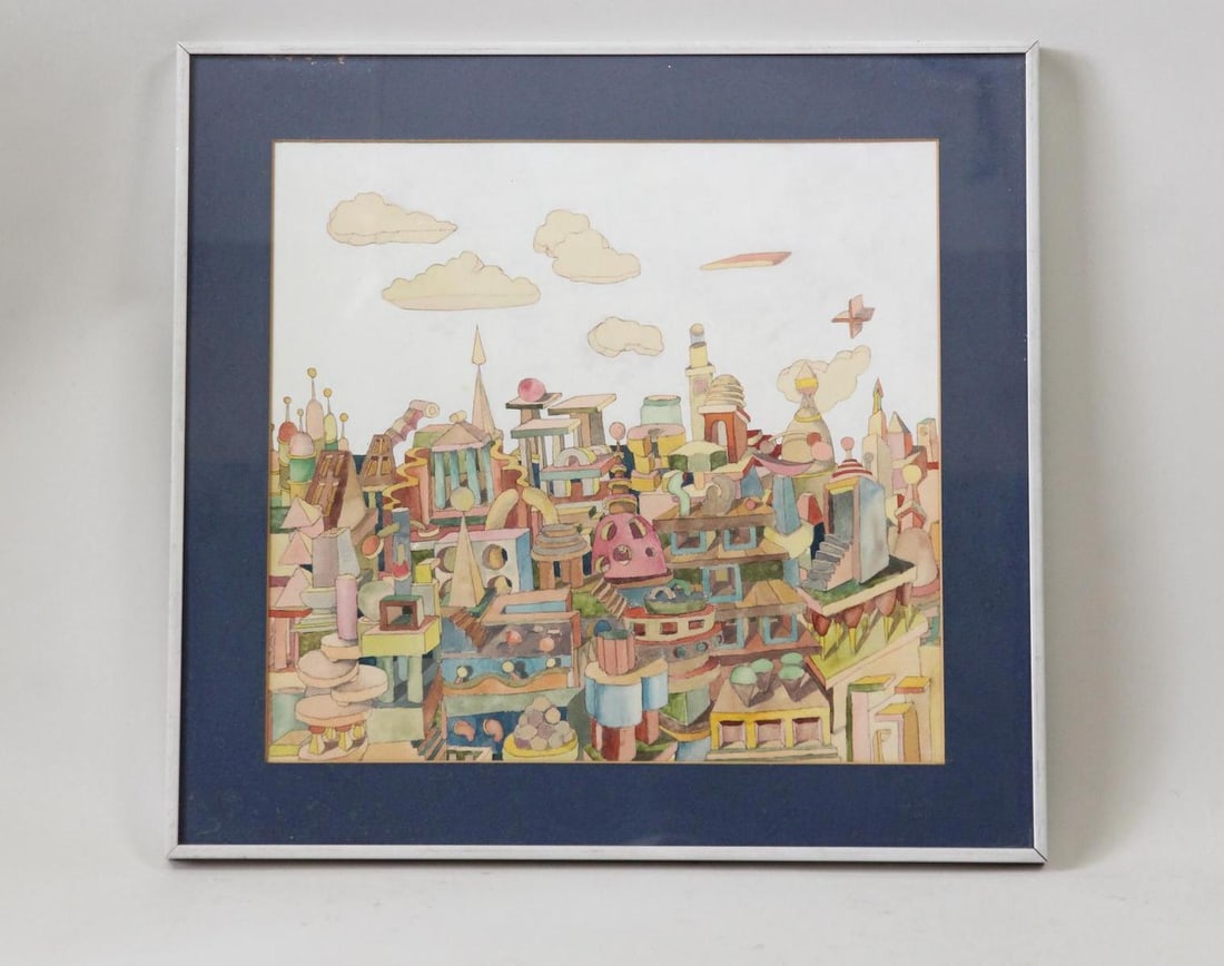 Minimalist Futuristic Architectural Cityscape Watercolor Painting: Mid Century Modern Cityscape Watercolor Painting. Fantastical, stacked urban landscape in watercolor with muted, pastel colors. On the back the artist is identified as Don Sanders, who taught art in