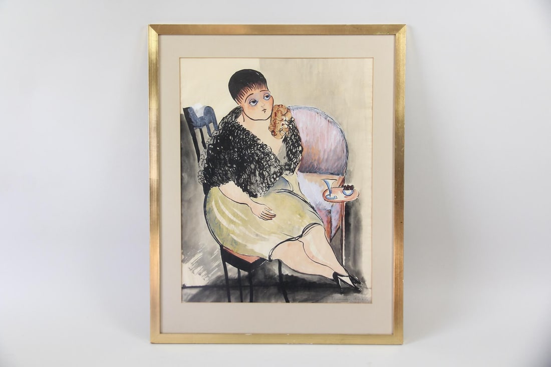 Mid-century Modern Watercolor Painting of a Woman, Signed: Mid-century Modern Watercolor Painting of a Woman. A stylized watercolor depicting a seated woman next to a small table with a drink. Illegible signature to the bottom corner. In a gold frame.