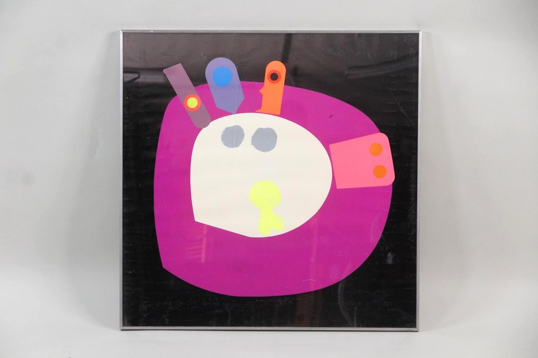 Peter Gee "Abstract Drawing" Pop Art Silkscreen Poster: Peter Gee "Abstract Drawing" Pop Art Silkscreen Poster. Graphic print with vibrant geometric collage-like elements on a black background . Unsigned (not examined out of frame,) by the artist Peter Gee