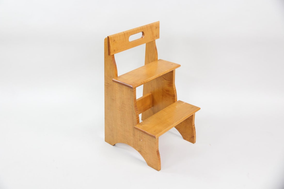 Tiger Maple Step Stool, Shaker Style: Tiger Maple Step Stool, Shaker Style. Two step stool with cutout handle, with simple yet elegant construction. Made of beautiful solid tiger maple. Dimensions are 27 in h x 16 in w x 16.75 in d. Condi