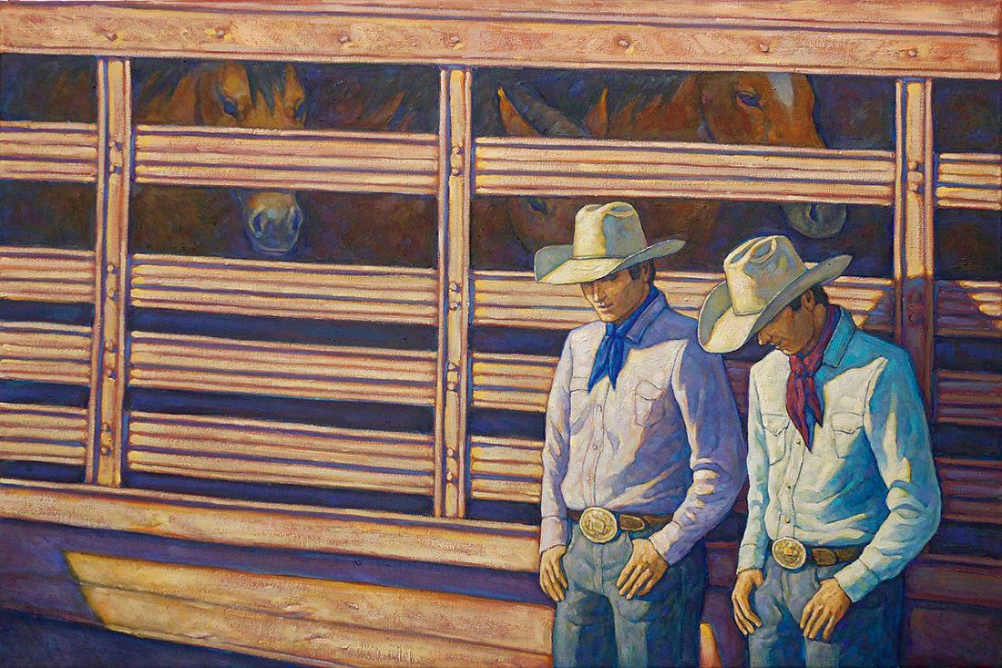 Howard Post - Starched Shirts & Stetsons: Oil 24 x 36 inches Two ranch boys coming to town with a load of horses! I love the quality of the old stock trailers visual.