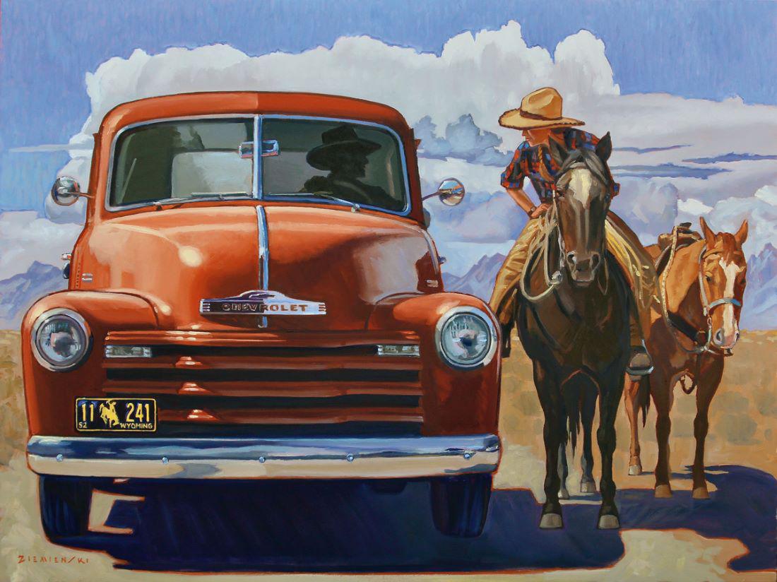Dennis Ziemienski - Red Truck Rendezvous: Oil 30 x 40 inches Coming from an illustration background, I've always enjoyed telling stories in my paintings and depicting all kinds of subject matter. Figures, vehicles, clouds, and horses are some