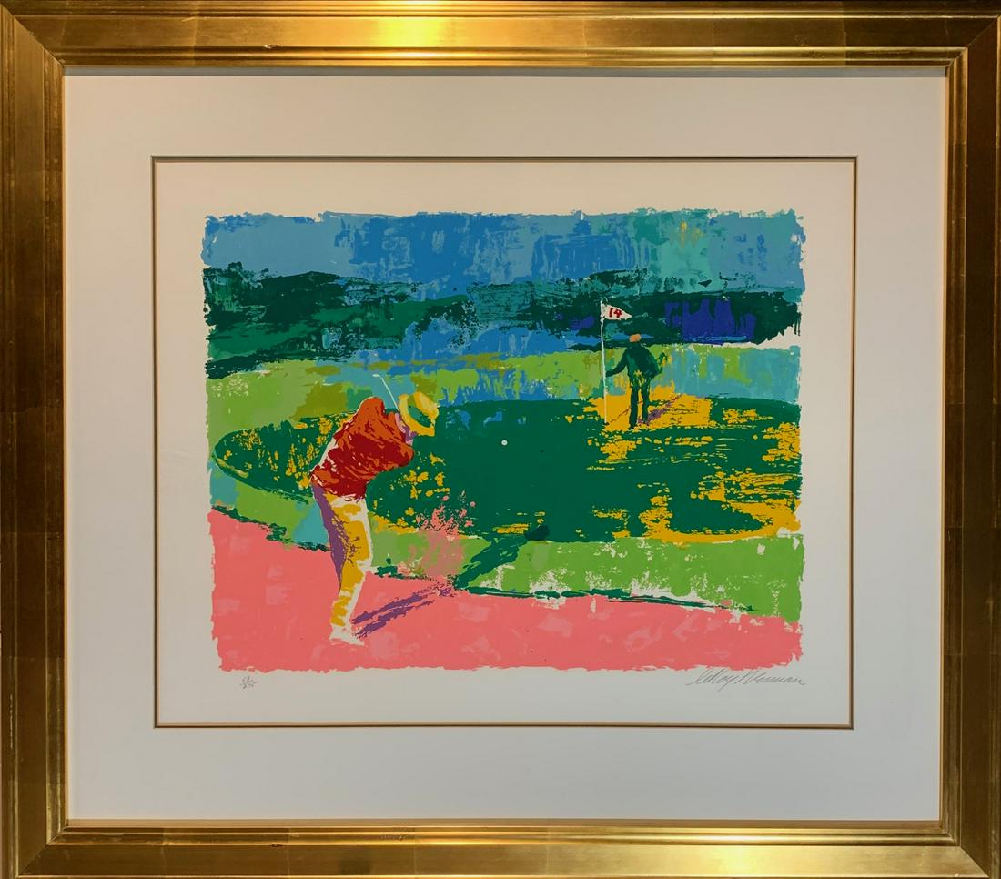 Leroy Neiman, original serigraph, hand signed: Leroy Neiman (1921-2012) "Chipping On" - 1972, serigraph on paper, pencil signed and numbered 53/275 on lower margin. Figural scene of Sam Snead playing golf on hole 14. Approx. 24.25 x 29.75 in (sigh