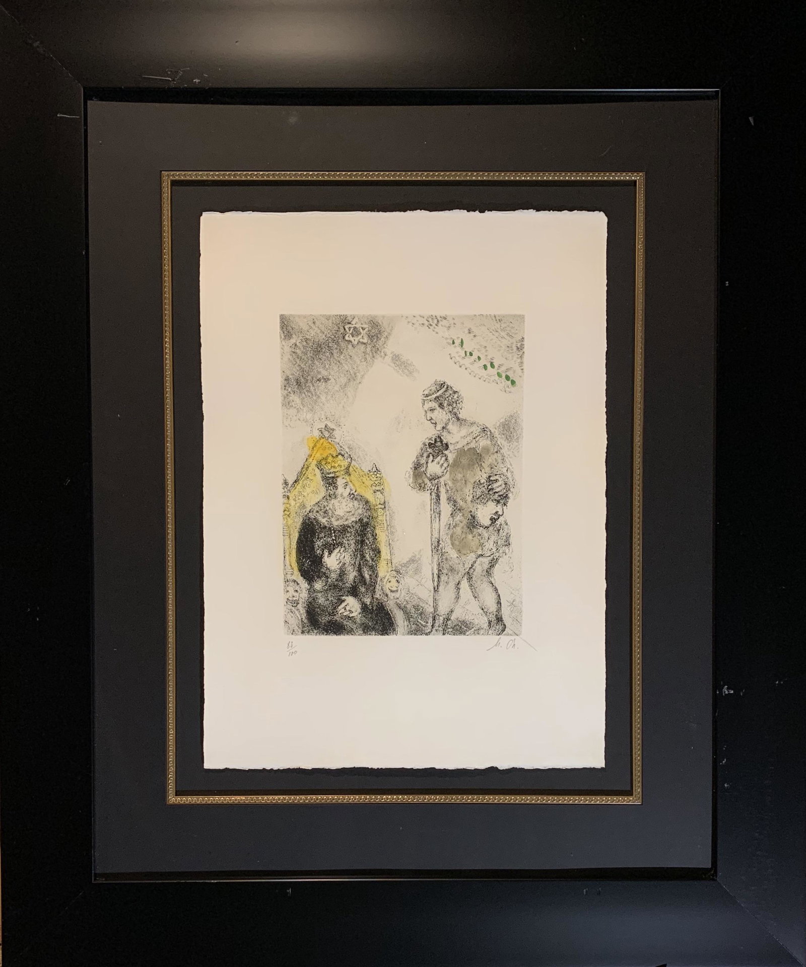 Marc Chagall, Hand colored, signed and numbered: Marc Chagall (1887-1985) Original etching with hand coloring on Arches paper, hand signed and numbered, number 83 out of 100. "David Before Saul" from the bible etchings, 1956. Sheet measures 21 x 15.