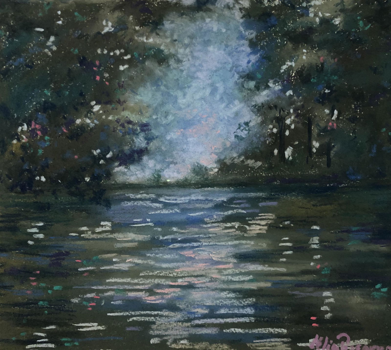 LÉLIA PISSARRO, Original pastel on card: LÉLIA PISSARRO (b.1963), Original pastel on card, “Lysou en barque sur l'Orne.” Artwork measurements 9 1/2 x 10 1/2 inches.Framed measurements 14 3/4 x 15 3/4 inches. Signed lower right Lélia Pi