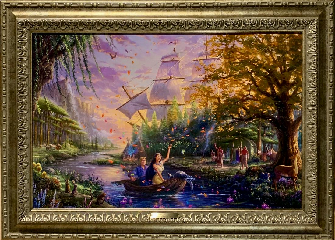 Thomas Kinkade, Hand signed, numbered giclee on canvas: Thomas Kinkade (1958-2012) . "Pocahontas" Hand signed and numbered 4 / 295 bottom left. COA from Thomas Kinkade Studio. Canvas size 18" x 27" framed 24.5" x 33.5"