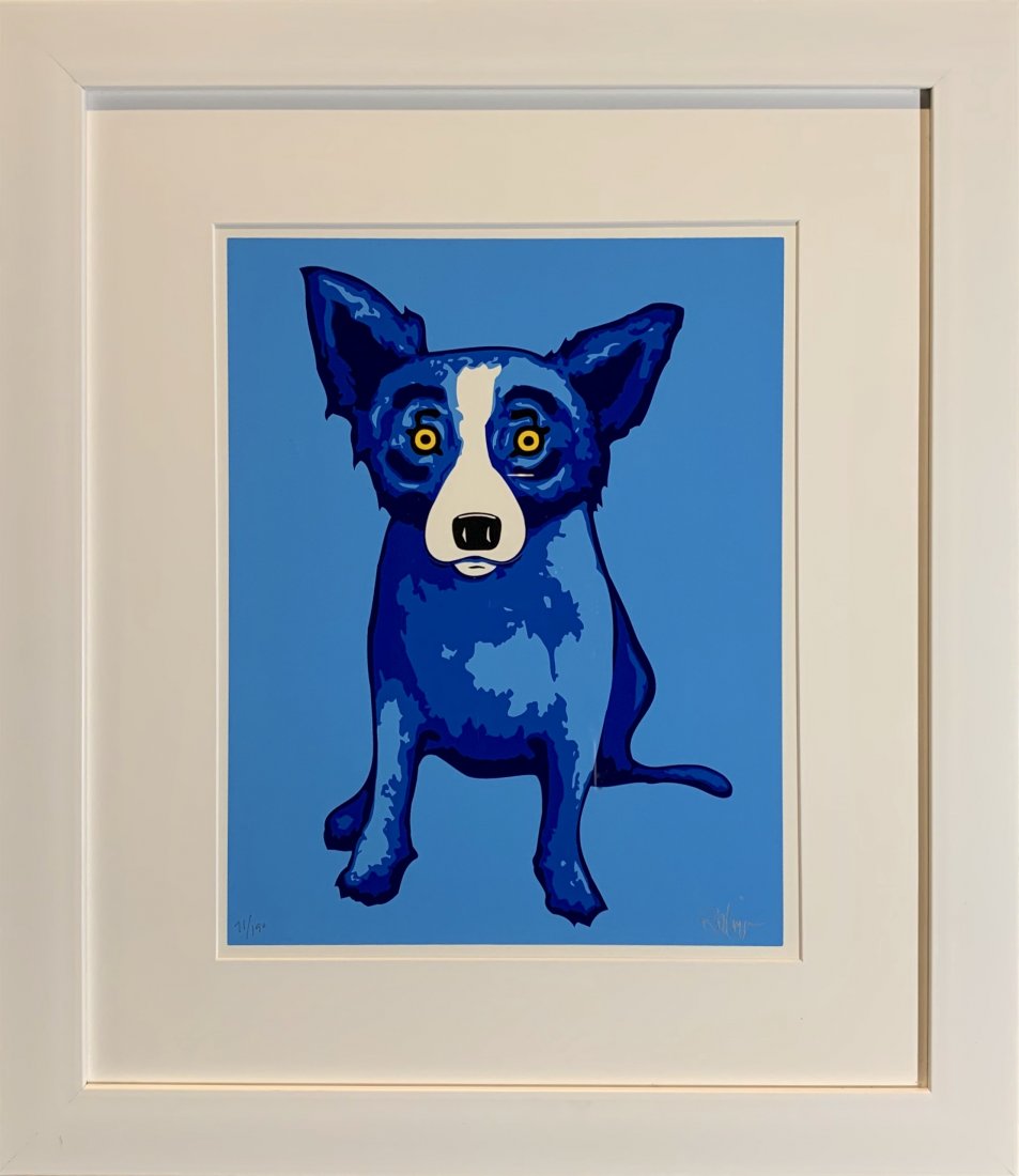 George "Blue Dog" Rodrigue, Signed and numbered: George "Blue Dog" Rodrigue (1944-2013) Original serigraph on paper, Hand signed and numbered 71/190, "Blue Skies Shining on Me" sheet 15 x 12 in framed size 23 x 20 inches. From 2005. Sheet and frame 