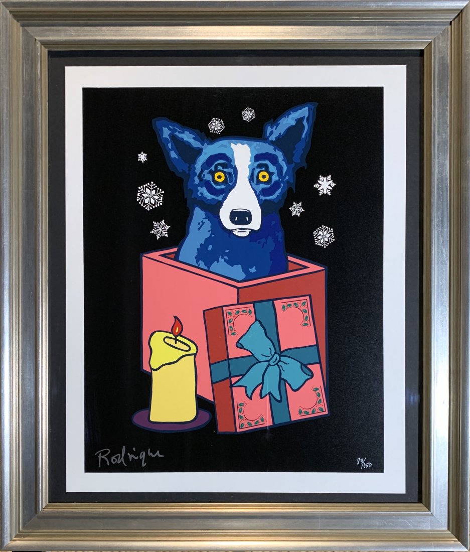 George "Blue Dog" Rodrigue, Signed and numbered: George "Blue Dog" Rodrigue (1944-2013) Original Serigraph on paper, Hand signed and numbered 83/150, "Midnight Surprise", sheet 20 x 16 in, framed size 27.75 x 23.5 inches. From 2000. COA verso.