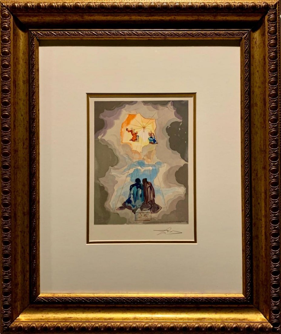 Salvador Dali, Hand signed original color woodblock: Salvador Dali (1904-1989) Original color woodblock, hand signed by Dali in pencil, 1964. From the suite The Divine Comedy, Cantique: Le Paradise. Editions Les Heures Claires, Paris. Authenticated and 
