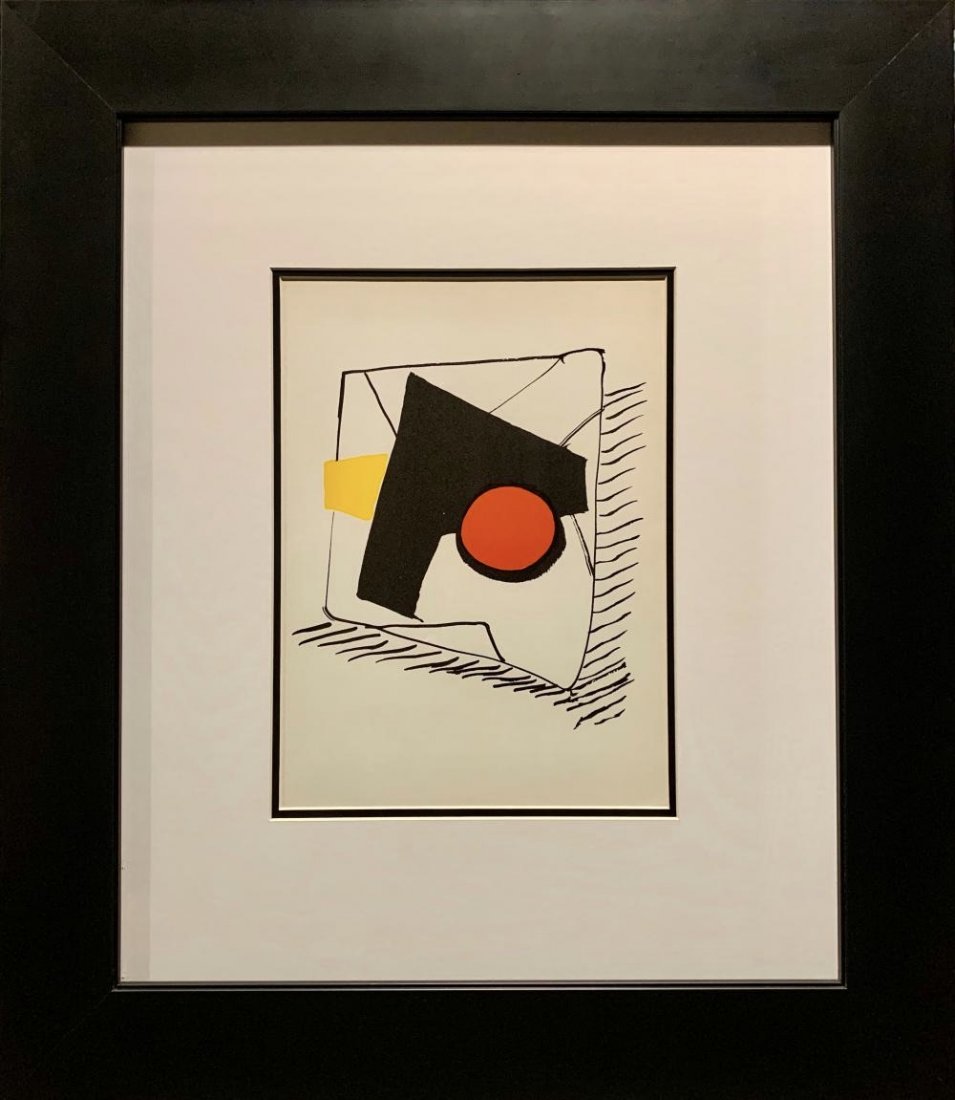 Alexander Calder, Original color lithograph, 1976: Alexander Calder (1898 - 1976) Original color lithograph on paper, from "Derriere Le Miroir." Rare limited edition, publisher Maeght, Paris, 1976. Sheet: 15 x 11 in. Frame: 30 x 26 inches. Frame and l