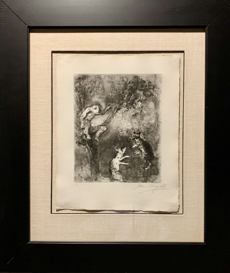 Marc Chagall, Hand Signed and Numbered Etching: Marc Chagall (1887-1985), "The Wolf, the Fox, and the Monkey," from "La Fable de la Fontaine" series, etching, pencil signed lower right, edition 13/85, sheet: approximately 16 x 13 in, overall (with 
